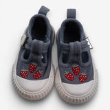 Blue slip on shoes, white sole strawberries