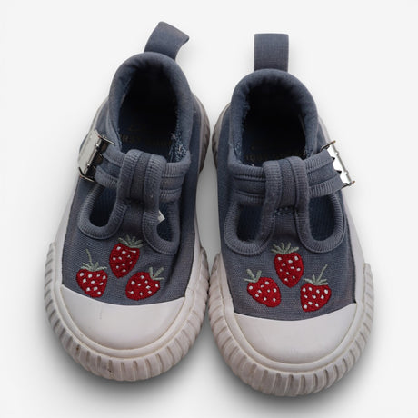 Blue slip on shoes, white sole strawberries