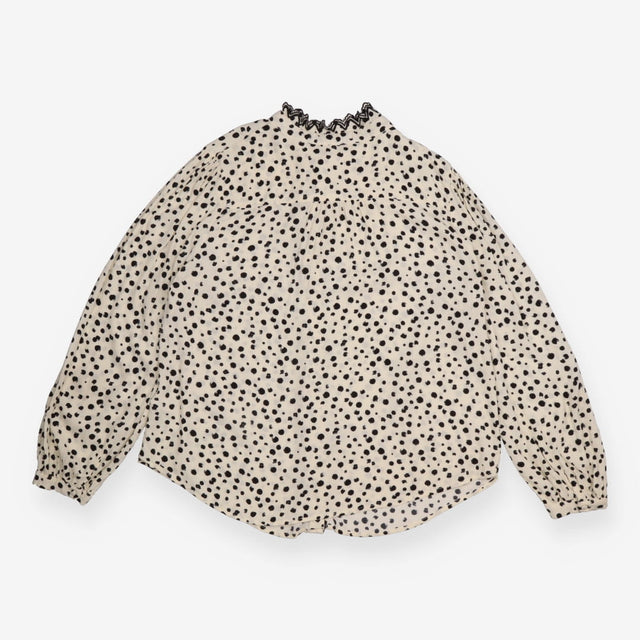 Blouse Cream Black Spot Lace Trim Long Sleeve