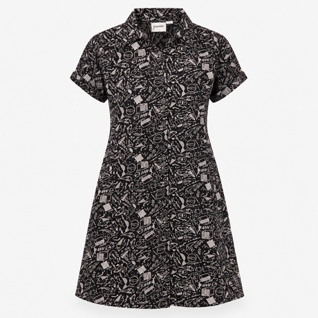 Dress Black White Abstract Print Button Front Midi