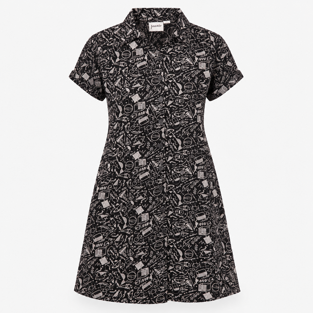 Dress Black White Abstract Print Button Front Midi