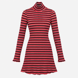 Mini Dress Red Stripe Ribbed Turtleneck Long Sleev