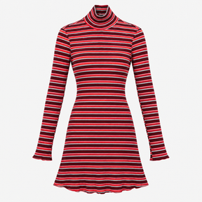 Mini Dress Red Stripe Ribbed Turtleneck Long Sleev