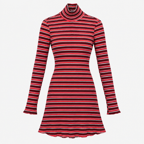 Mini Dress Red Stripe Ribbed Turtleneck Long Sleev
