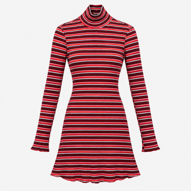 Mini Dress Red Stripe Ribbed Turtleneck Long Sleev