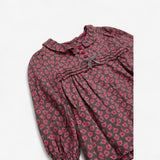 Blouse Woven Brown with Pink Roses and Buttons