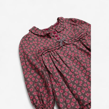 Blouse Woven Brown with Pink Roses and Buttons
