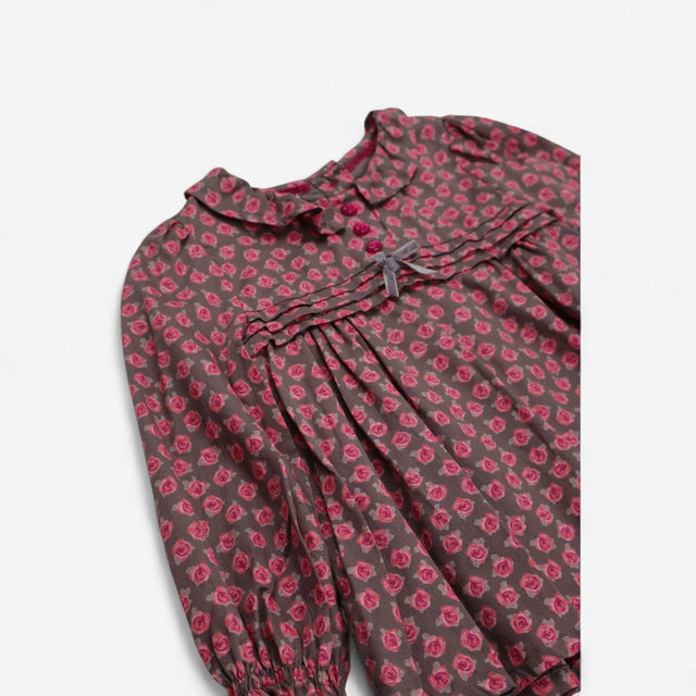 Blouse Woven Brown with Pink Roses and Buttons