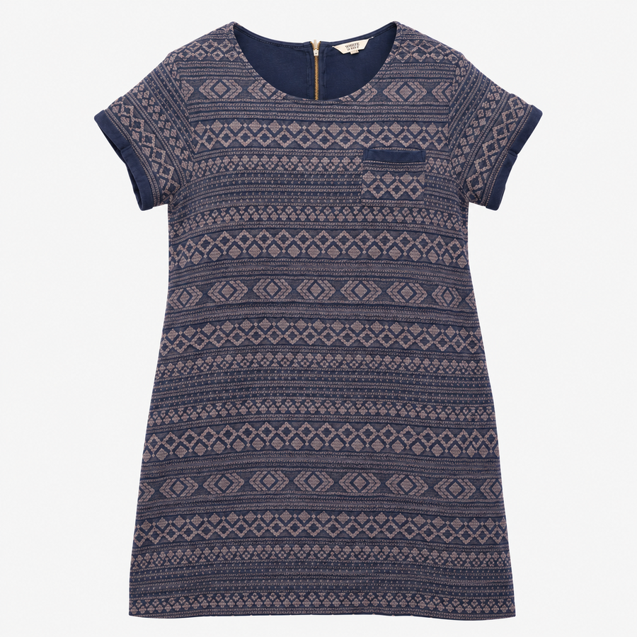 Grey Geometric Textured Cotton Viscose Tunic Dress