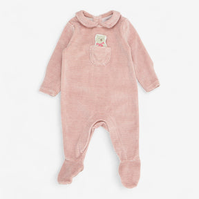 Sleepsuit Collared Velour Pink Stripe with Teddy