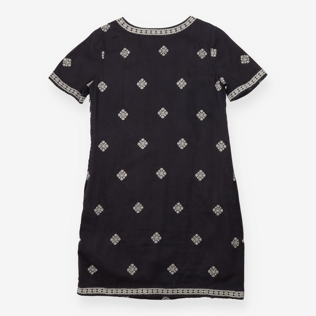 Linen Tunic Dress in Black with Cream Embroidery