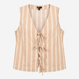 Waistcoat Top Beige White Striped Tie Front Organi