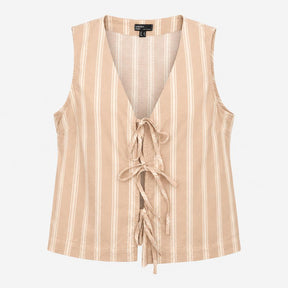 Waistcoat Top Beige White Striped Tie Front Organi