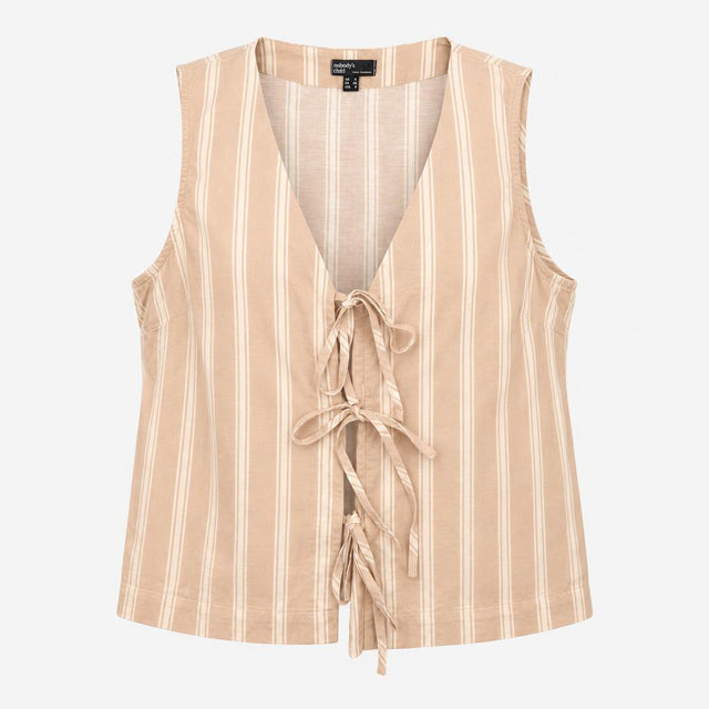 Waistcoat Top Beige White Striped Tie Front Organi