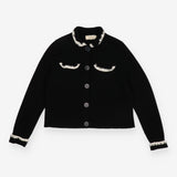 Cardigan Jacket Black Merino Wool Crochet Trim