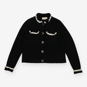 Cardigan Jacket Black Merino Wool Crochet Trim
