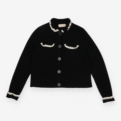 Cardigan Jacket Black Merino Wool Crochet Trim