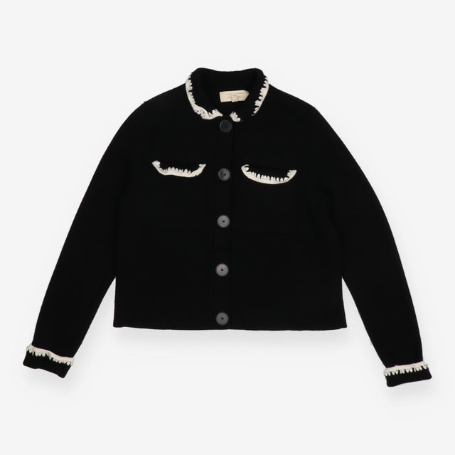 Cardigan Jacket Black Merino Wool Crochet Trim