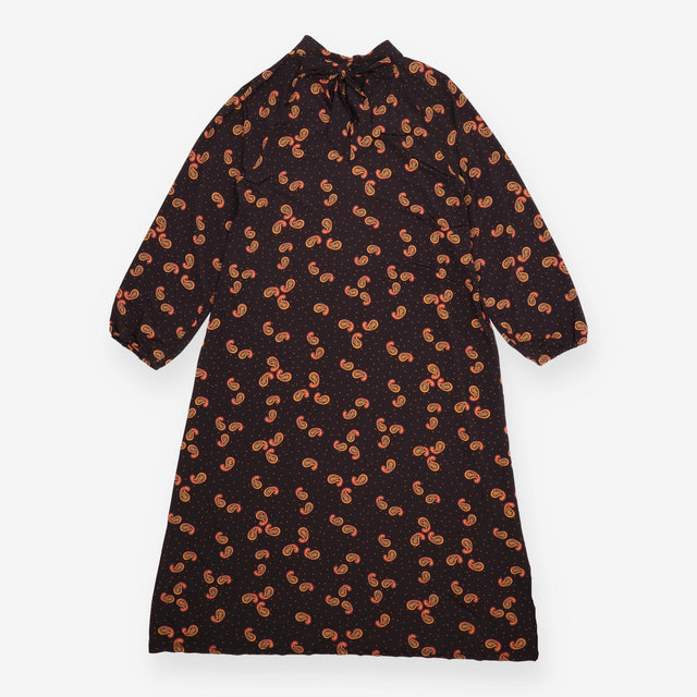 Midi Dress Brown Orange Paisley Print High Neck