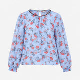 Blouse Light Blue Coral Floral Print Long Sleeves 