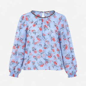 Blouse Light Blue Coral Floral Print Long Sleeves 