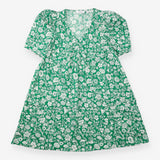 Mini Dress Green White Floral Puff Sleeve Organic 