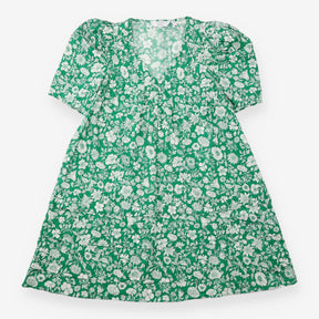 Mini Dress Green White Floral Puff Sleeve Organic 