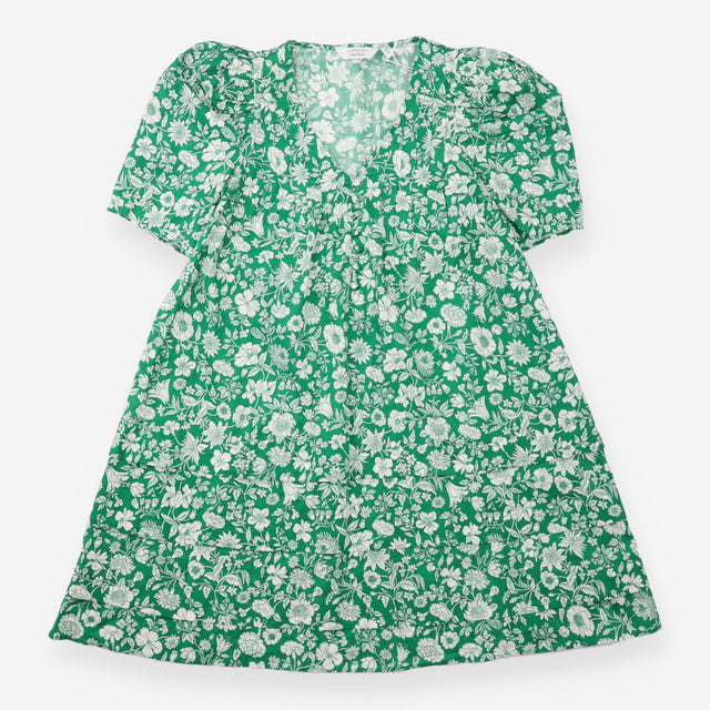 Mini Dress Green White Floral Puff Sleeve Organic 
