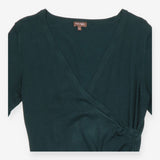 Midi Dress Dark Green Wrap Front Ruched Three Quar