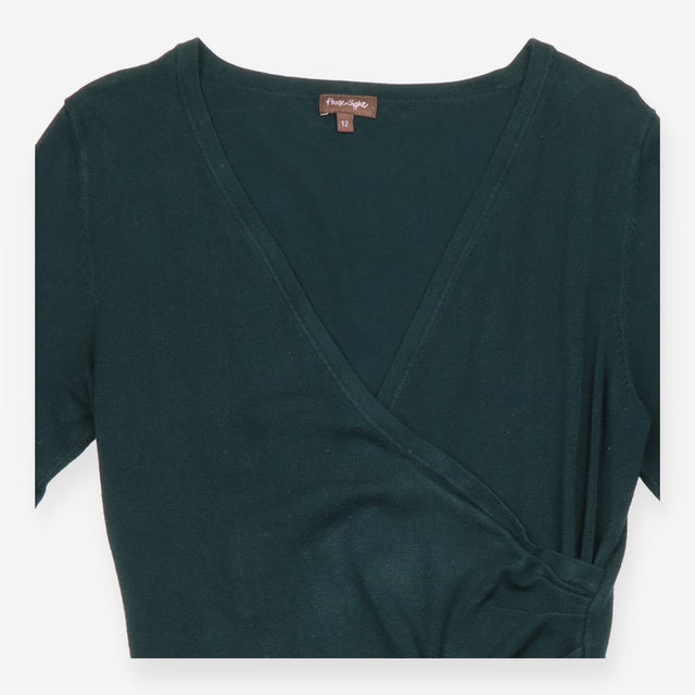 Midi Dress Dark Green Wrap Front Ruched Three Quar