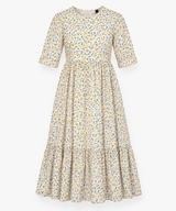 Midi Dress Cream Yellow Blue Ditsy Floral Tiered S