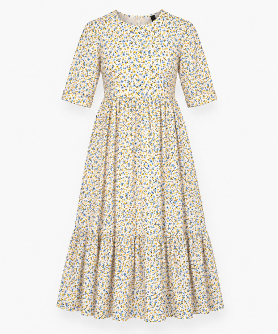Midi Dress Cream Yellow Blue Ditsy Floral Tiered S