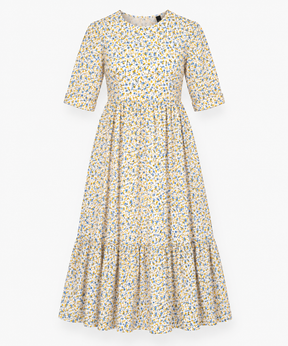 Midi Dress Cream Yellow Blue Ditsy Floral Tiered S