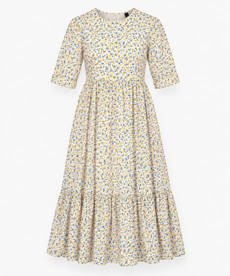 Midi Dress Cream Yellow Blue Ditsy Floral Tiered S