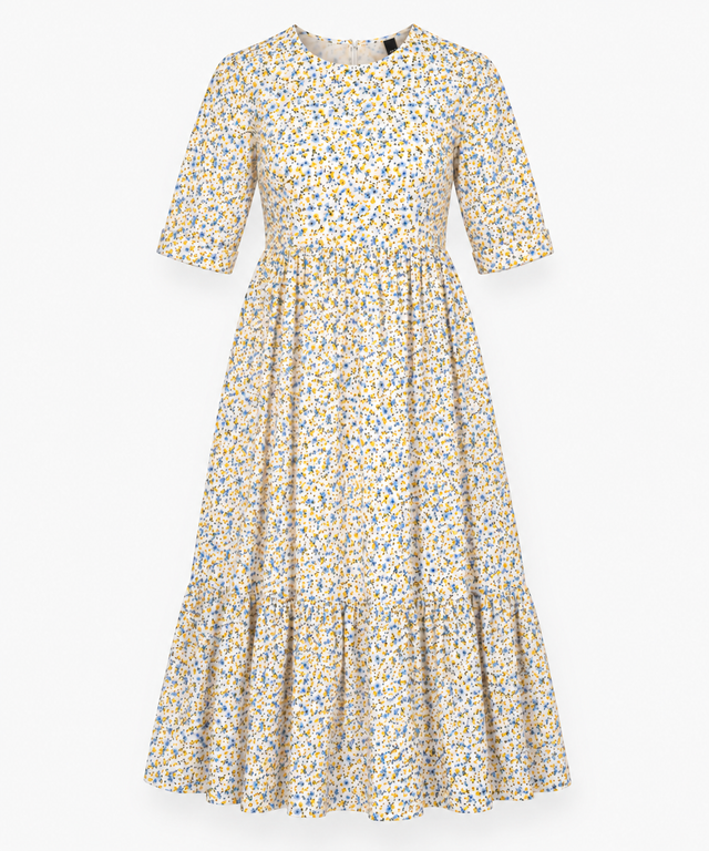 Midi Dress Cream Yellow Blue Ditsy Floral Tiered S