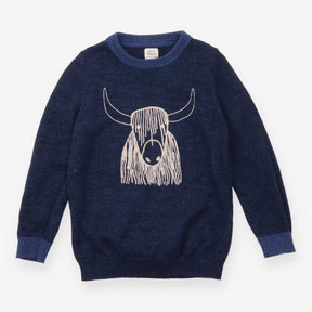 Blue knit highland cow sweater