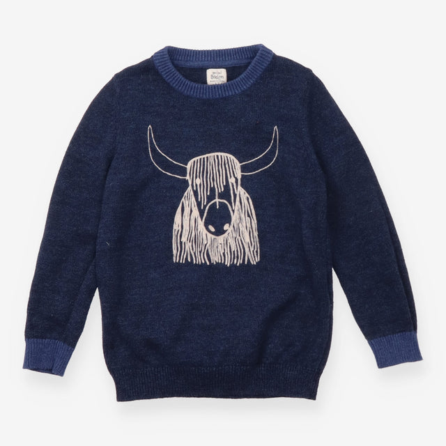 Blue knit highland cow sweater