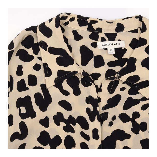 Blouse Beige Black Animal Print Long Sleeve Button