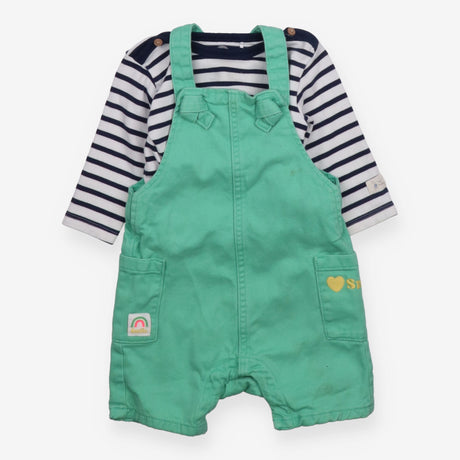 Green Dungarees with Stripe Long Sleeve 