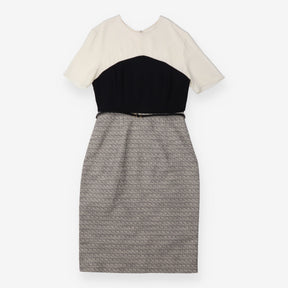 Sheath Dress Black Ivory Tweed Colour Block Belted