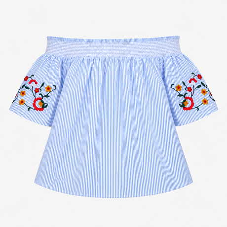 Off The Shoulder Embroidered Bardot Top Blue White