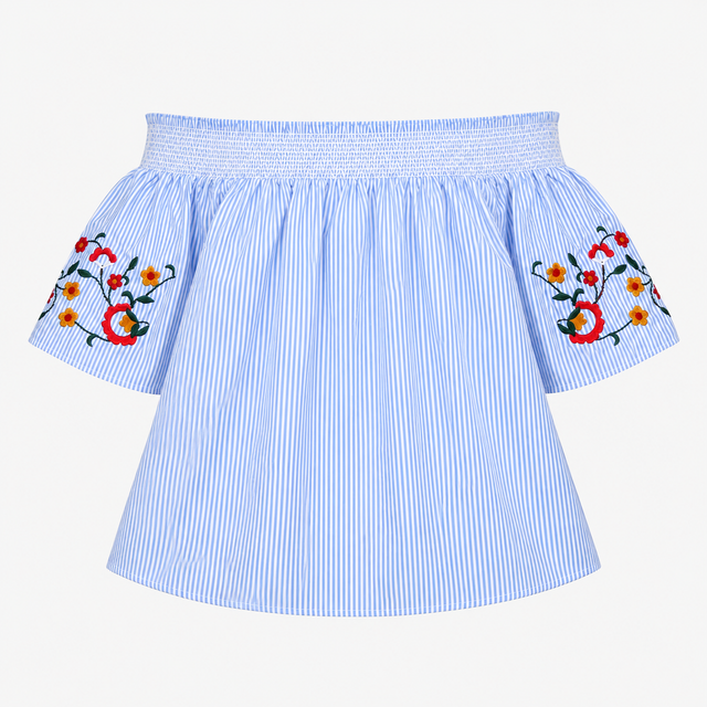 Off The Shoulder Embroidered Bardot Top Blue White