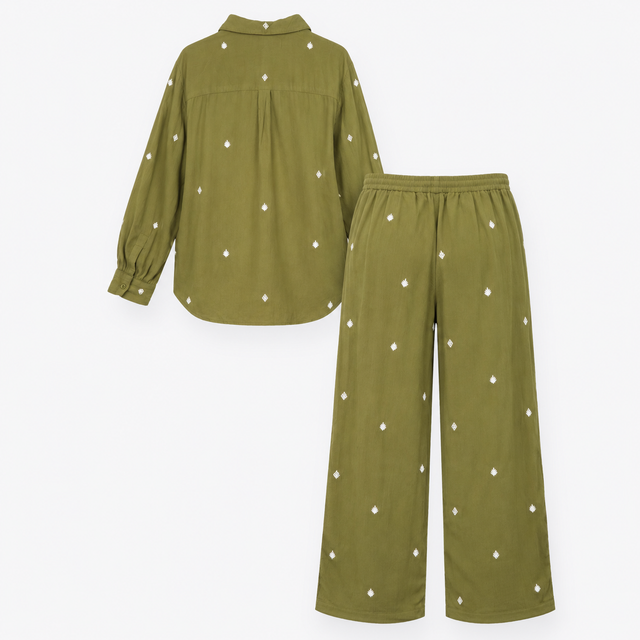 Trouser Set Co Ord Embroidered Shirt Wide Leg