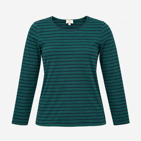 Forest Green Navy Striped Cotton Stretch Long Slee