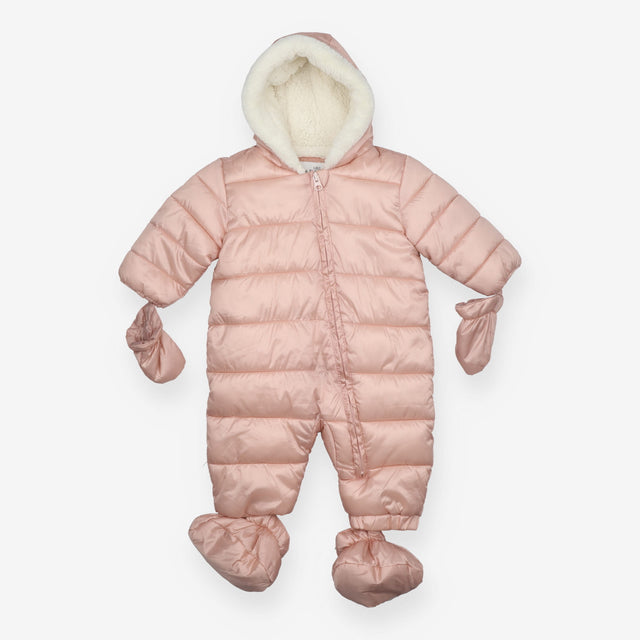 Pink fleece lined pramsuit with detachable gloves 