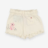 Cream jersey shorts with embroidered flower