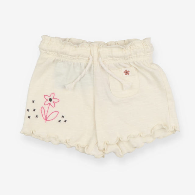 Cream jersey shorts with embroidered flower
