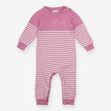 Romper pink knit striped heart wooden buttons