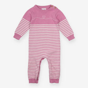 Romper pink knit striped heart wooden buttons