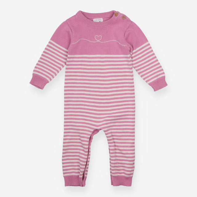 Romper pink knit striped heart wooden buttons